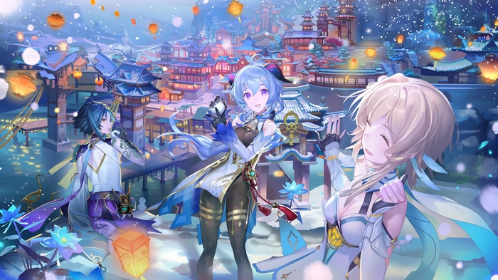 Genshin Impact characters Ganyu, Lumine, and Xiao in a snowy city
