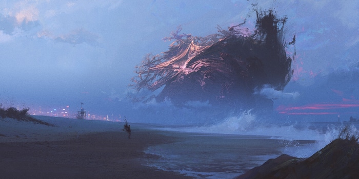 Abstract alien structure over a beach at dusk