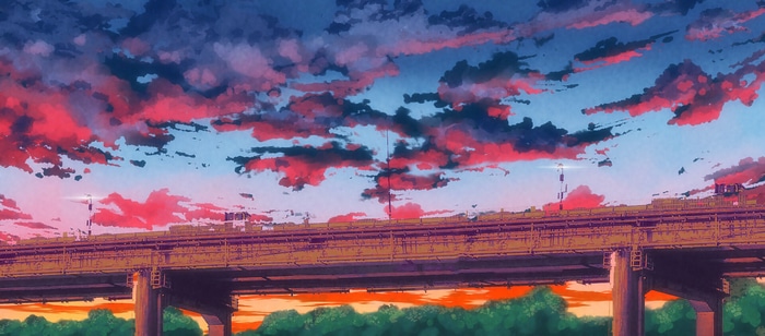 Anime bridge at sunset with colorful clouds