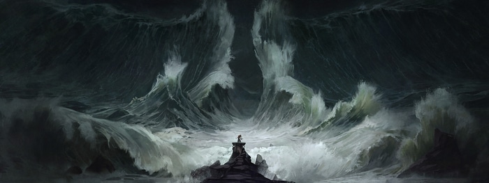 Sam Hogg's fantasy art of a person facing giant waves