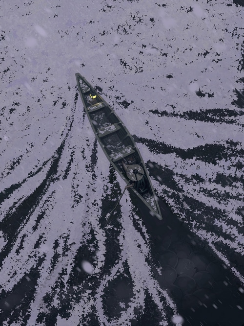 A lone figure in a canoe on a snowy lake