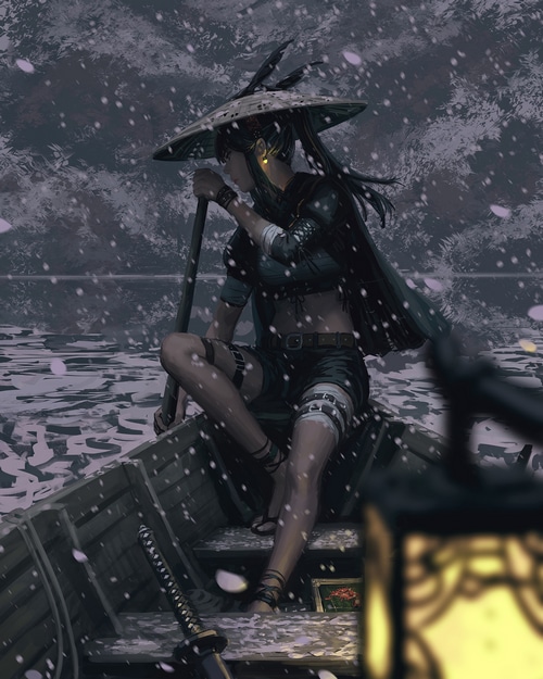 Fantasy girl in a boat during snowfall