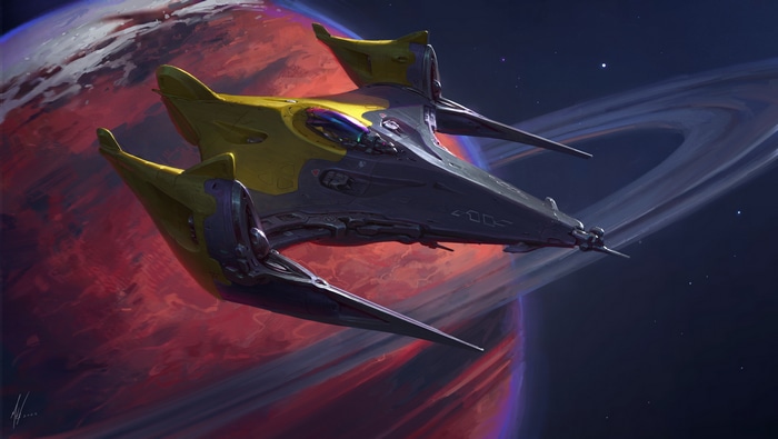 Spaceship near a ringed planet