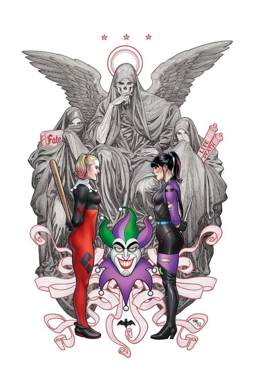 Harley Quinn and Batgirl confront Death and Joker