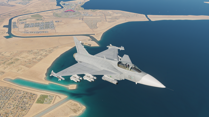 JAS-39 Gripen flying over a coastal city in Digital Combat Simulator