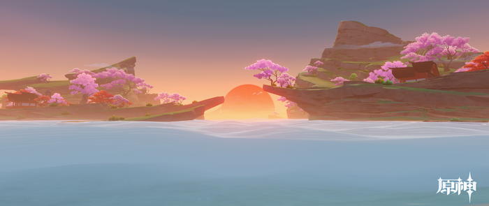 Genshin Impact landscape with cherry blossoms and sunset