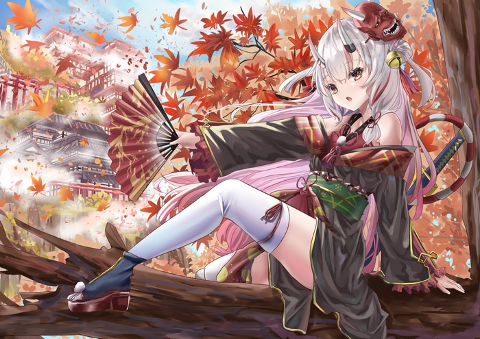Nakiri Ayame in Kimono with Oni Mask and Fan