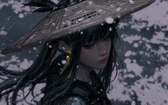 Digital painting of a woman in a straw hat in snow