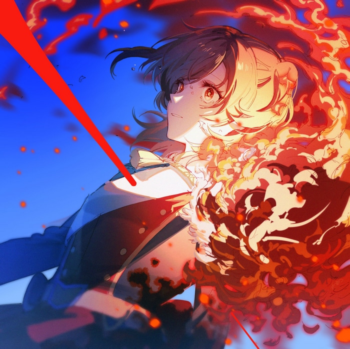 Anime girl engulfed in flames with red laser