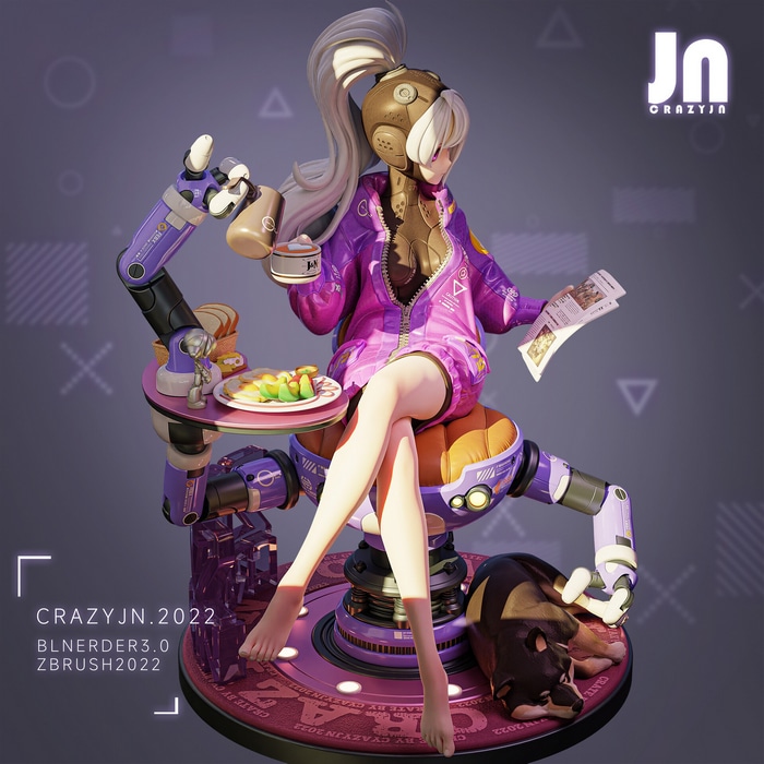 CrazyJN Futuristic Girl with Dog and Breakfast