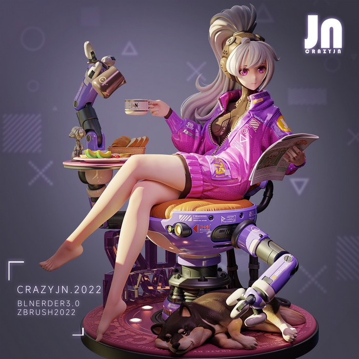 Futuristic Girl with Dog and Robot Arm