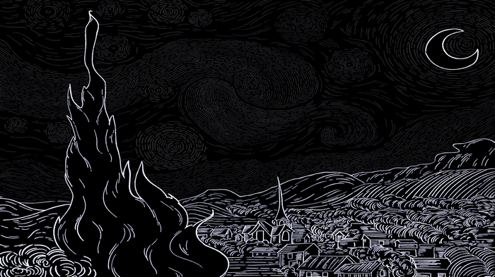 Starry night with a village and a large flame