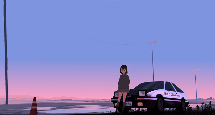 Girl and Toyota AE86 car at sunset