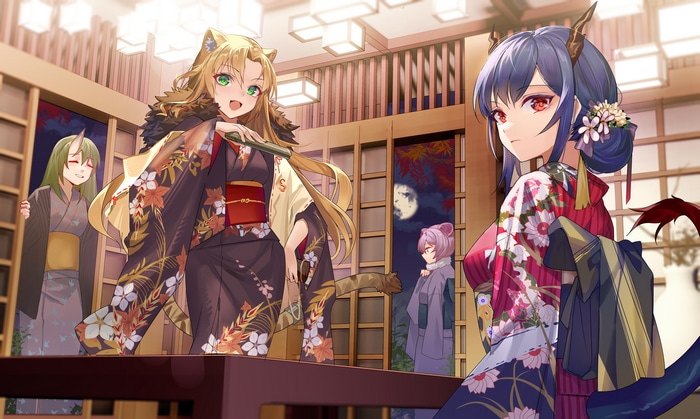 Arknights characters in Japanese clothes at a traditional inn