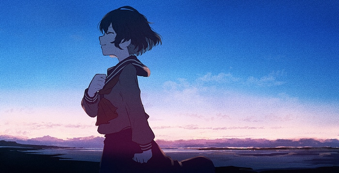 Anime girl in school uniform at sunset