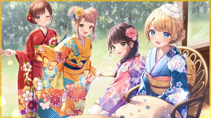 Four girls in kimonos with Momoshiki Tsubaki