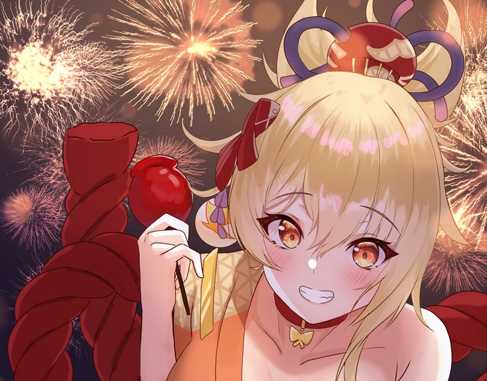 Yoimiya Holding a Candy Apple with Fireworks