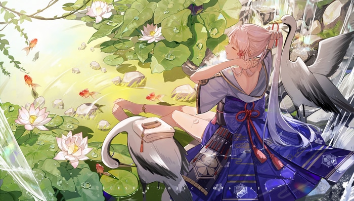 Kamisato Ayaka and cranes by a pond in Genshin Impact