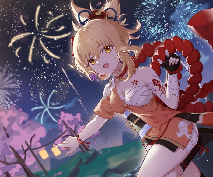 Yoimiya from Genshin Impact with fireworks