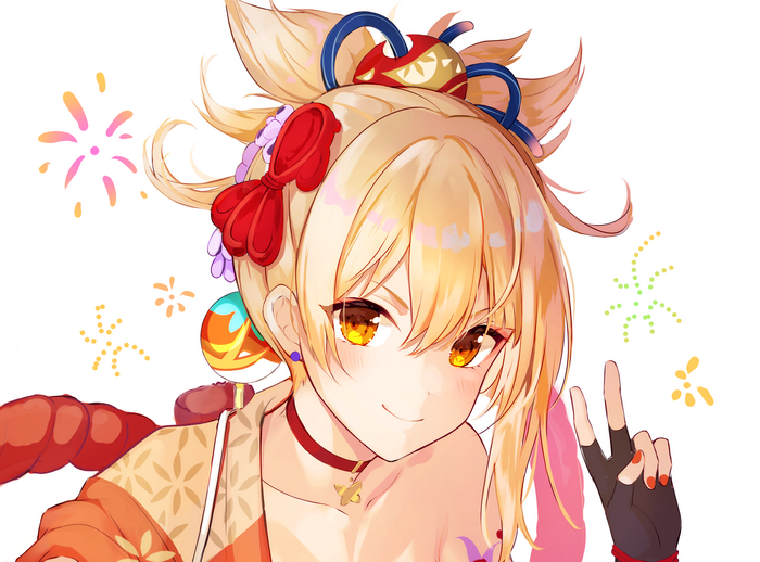 Yoimiya from Genshin Impact with fireworks