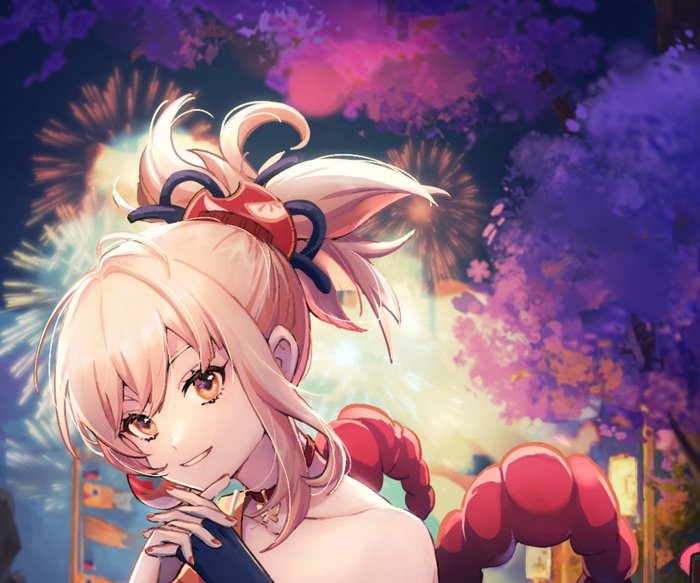 Yoimiya from Genshin Impact at a festival