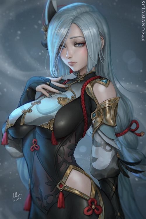 Shenhe from Genshin Impact with silver hair and blue eyes