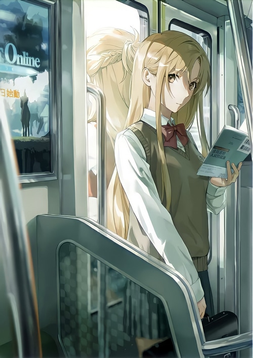Yuuki Asuna from Sword Art Online reading on a train
