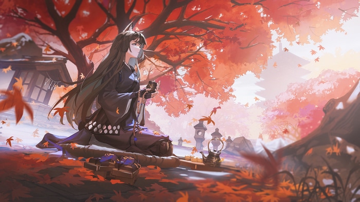 Saga kneeling in a Japanese garden during fall