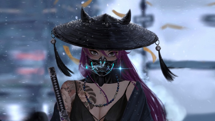 Samurai woman with oni mask and katana