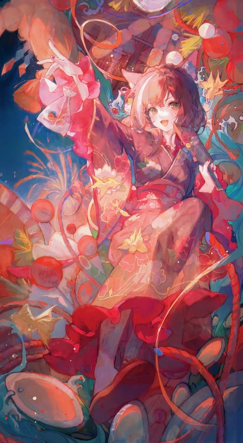 Cat girl in kimono with Princess Connect Re:Dive artwork