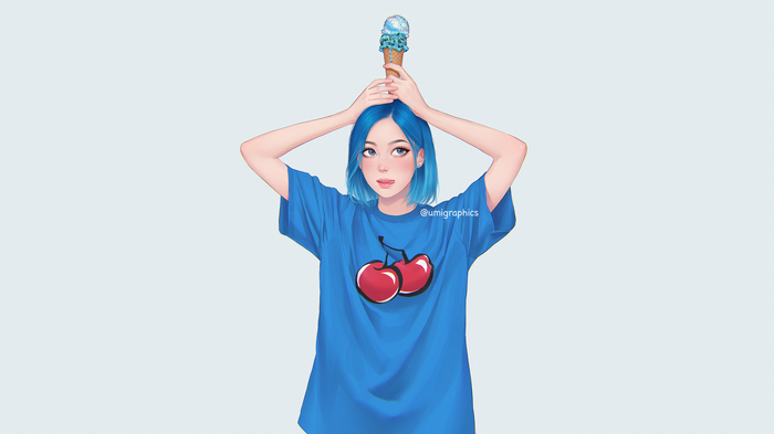 Woman with blue hair holding ice cream cone