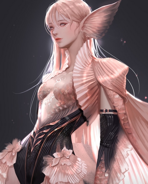 Fantasy art of a woman with wings and ornate dress