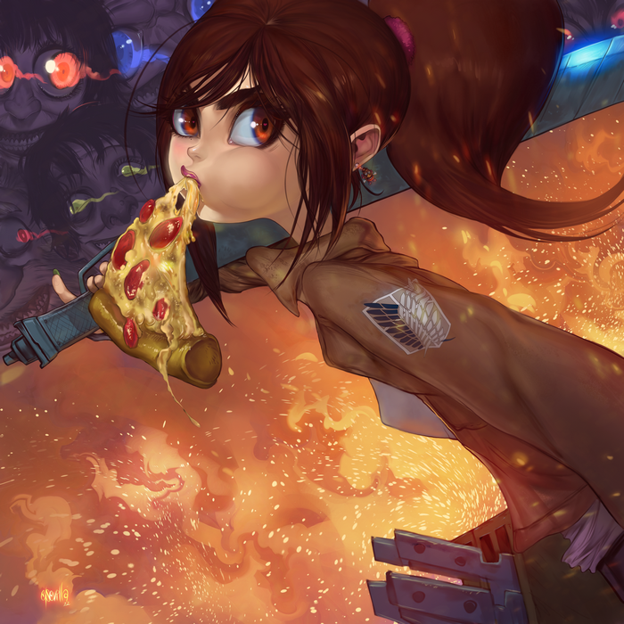 Sasha Braus eating pizza with Titans in the background