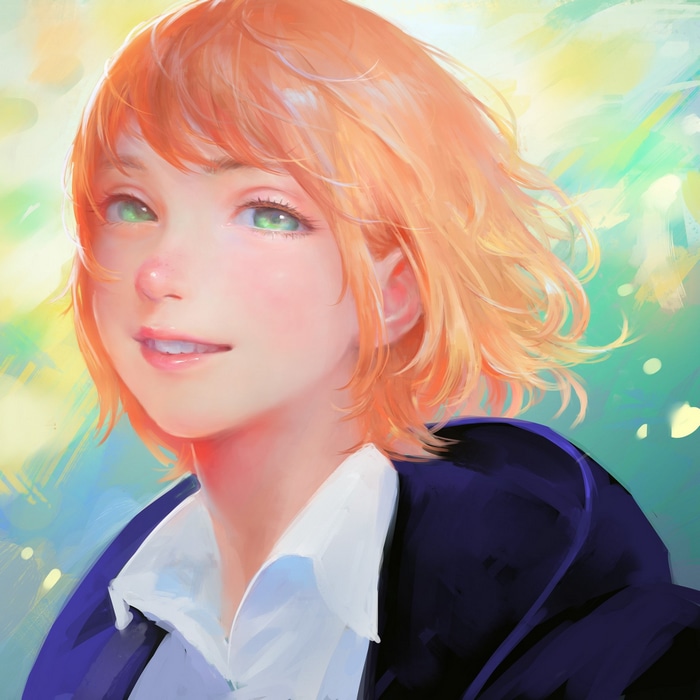 Woman with short orange hair and green eyes
