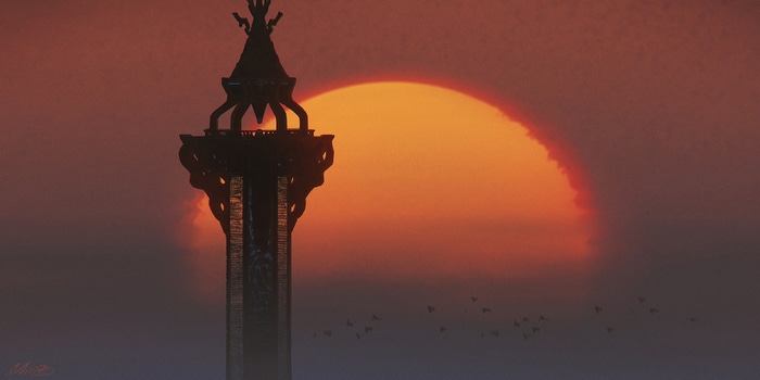 Fantasy tower silhouetted against a large sunset