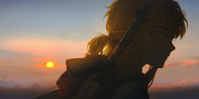 Link from The Legend of Zelda: Breath of the Wild at sunset