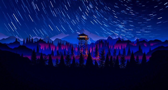 Firewatch tower under star trails in a forest