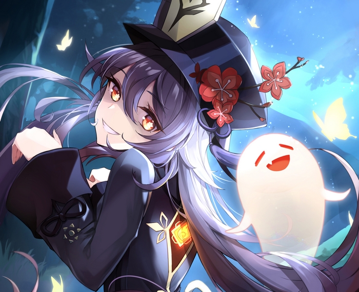 Hu Tao with Ghostly Companion in Mystical Forest