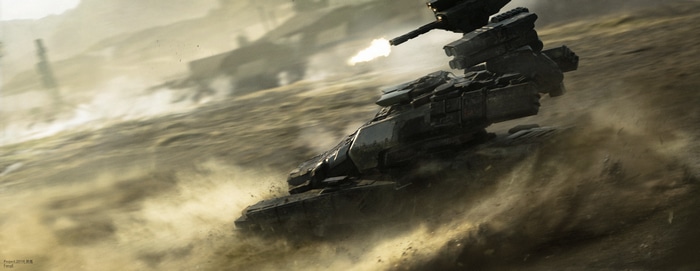Futuristic military vehicle firing in a desert
