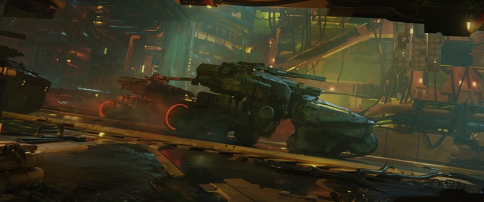 Futuristic military vehicles in a gritty industrial setting