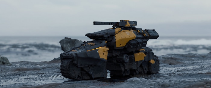 Futuristic military vehicle on a rocky shore