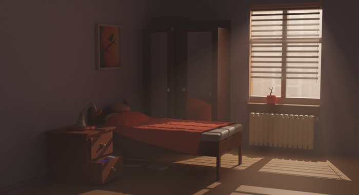 Bedroom with sunlight streaming through blinds