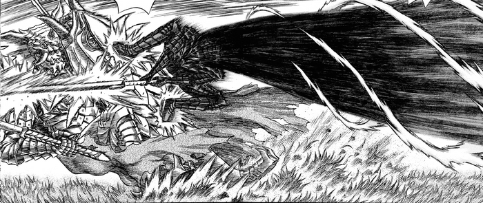 Guts fighting a dragon-like creature in Berserk