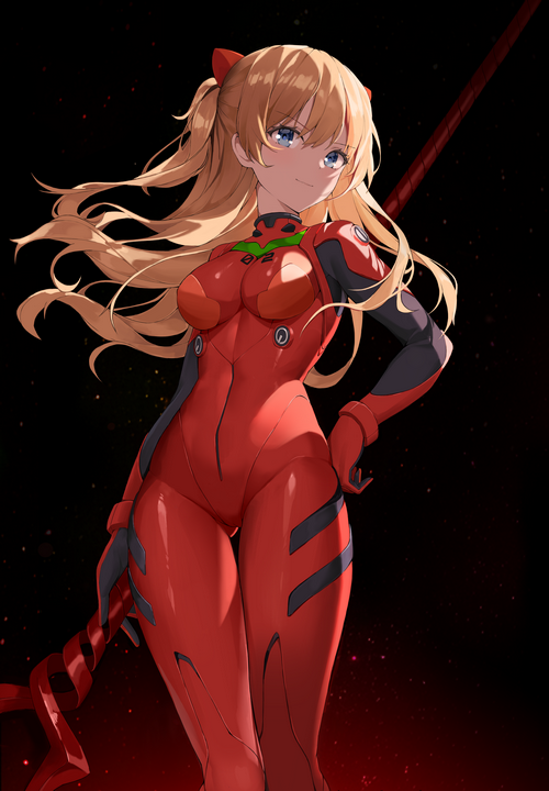 Asuka Langley Soryu in a red plugsuit holding the Spear of Longinus
