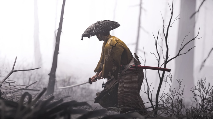 Ghost of Tsushima Samurai in Foggy Forest