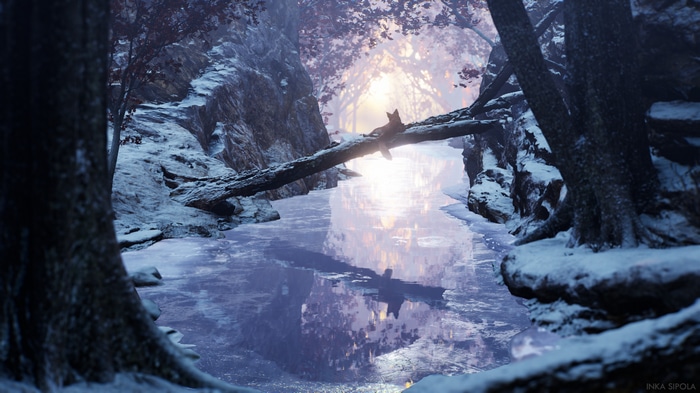 4K Snow Forest with Fox on a Log Bridge