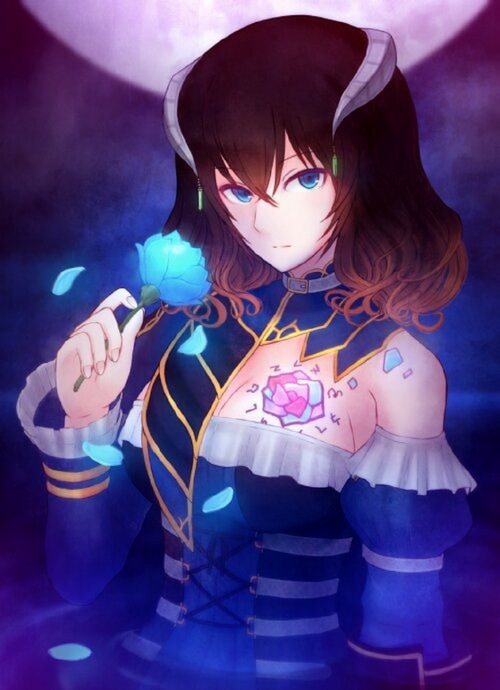 Miriam from Bloodstained holding a blue rose