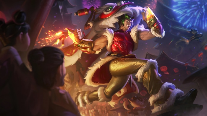 Sett in Firecracker Skin Performing Lion Dance