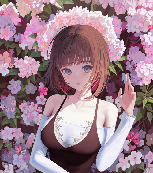 Anime girl with brown hair and blue eyes among flowers