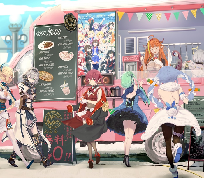 Hololive characters at a food truck